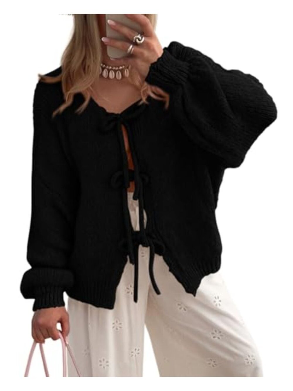 Tie Front Bow Cardigan Sweater Chunky Cable Knit Puff Sleeve Open Front
